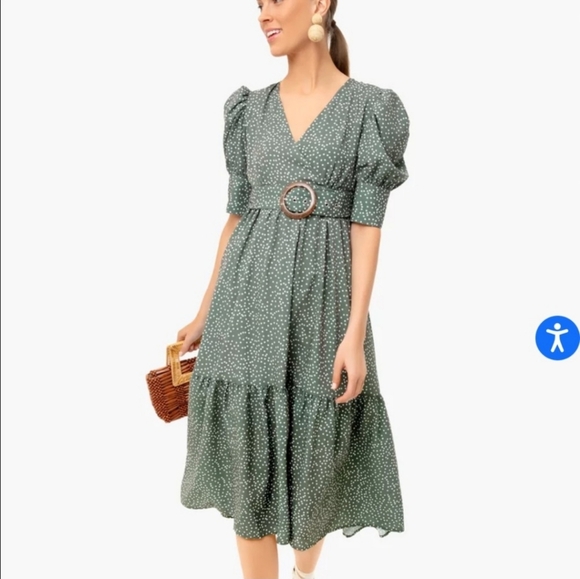 OPT Green Papin Short Balloon Sleeves Belted Midi Sundress Small Polka Dots - Picture 6 of 16